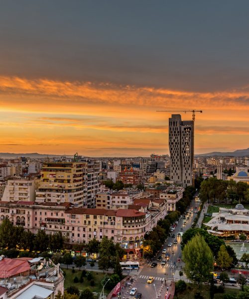 Fantastic,Sunset,,View,Of,Tirana,,Capital,Of,Albania,From,Skyscraper's